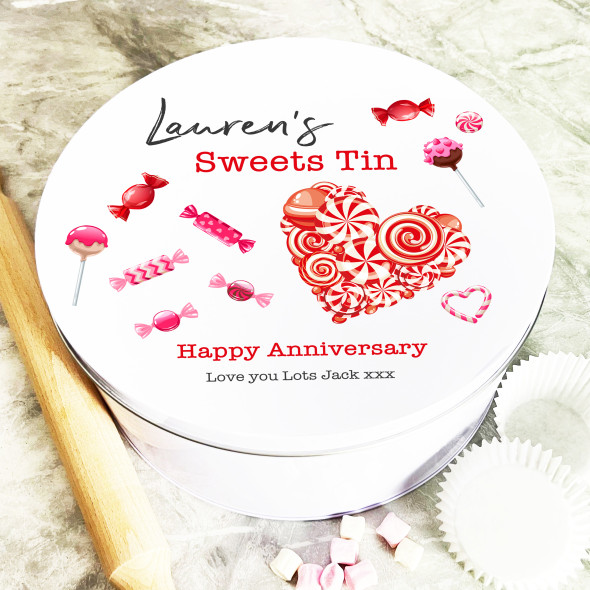 Round Heart Made Of Sweets Anniversary Gift Personalised Sweet Treat Tin