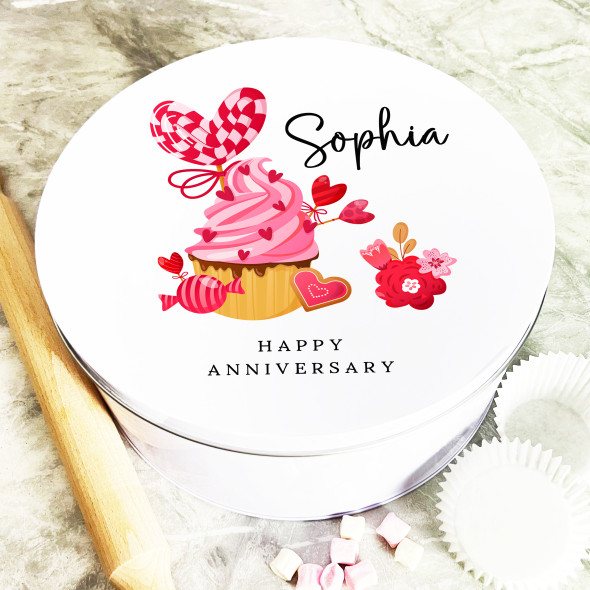 Round Love Cupcakes Anniversary Gift Personalised Cake Tin