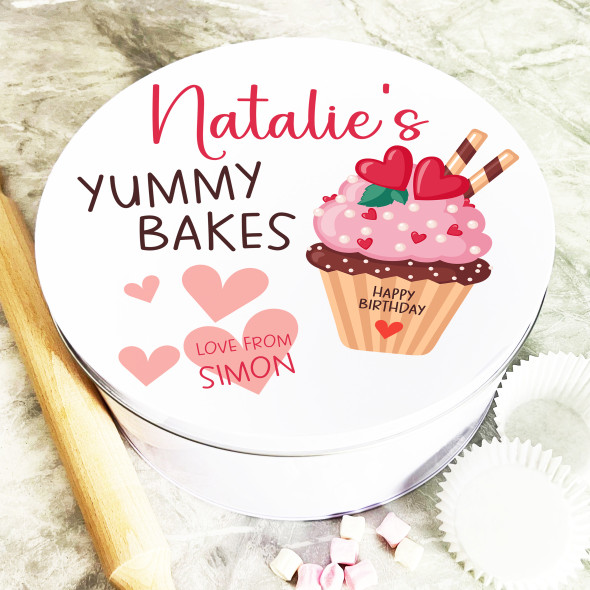 Round Love Hearts Cupcake Birthday Gift Personalised Cake Tin