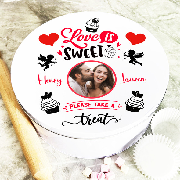 Round Love Is Sweet Photo Frame Romantic Gift Personalised Treat Tin