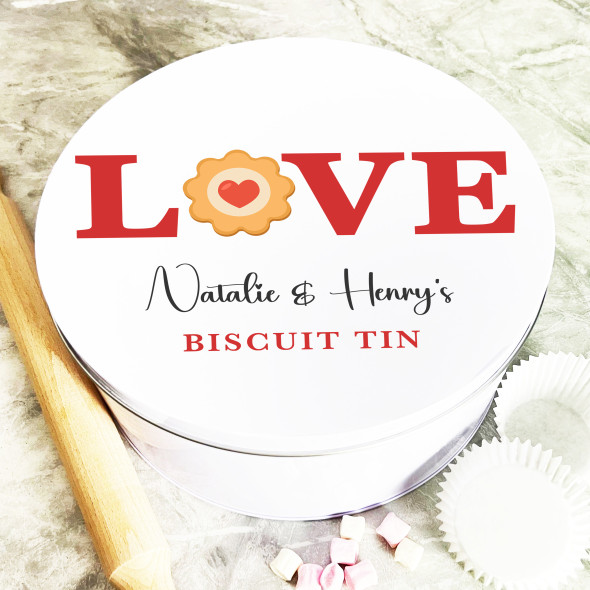 Round Love Word With Biscuit Romantic Gift Personalised Biscuit Tin