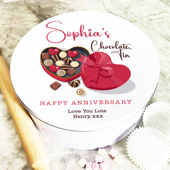 Round Red Heart Chocolate Box Anniversary Gift Cake Sweet Treat Personalised Tin