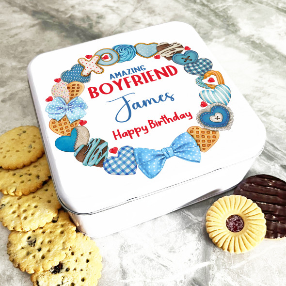 Square Boyfriend Blue Cookies Wreath Birthday Gift Personalised Sweet Treat Tin