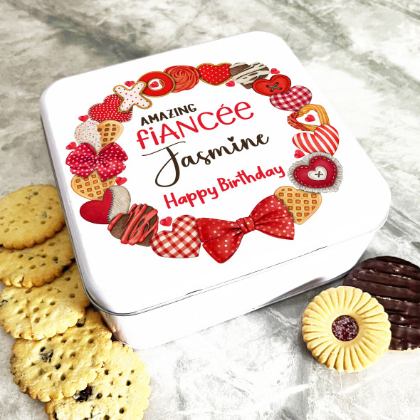 Square Birthday Day Gift For Fiancée Red Cookies Personalised Sweet Treat Tin