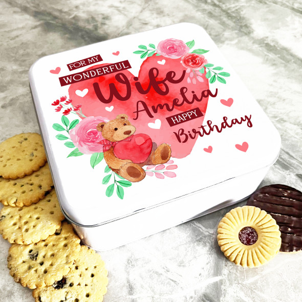 Square Birthday Gift For Wife Heart Bear Personalised Sweet Treat Tin