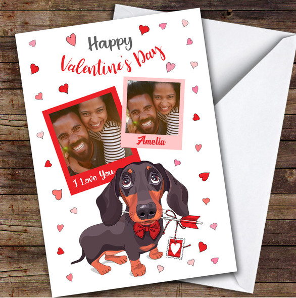 Personalised Pink & Red Hearts Photo Romantic Daschund Happy Valentine's Card