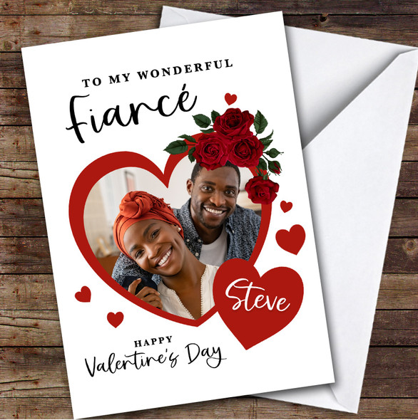 Personalised Valentine's Card For Fiancé Roses Red Heart Photo Card