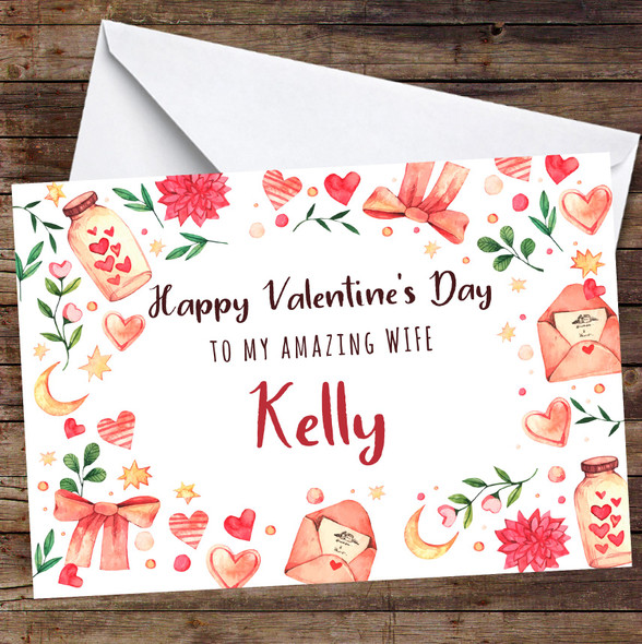 Personalised Valentine's Day Card For Wife Watercolour Love Elements Card