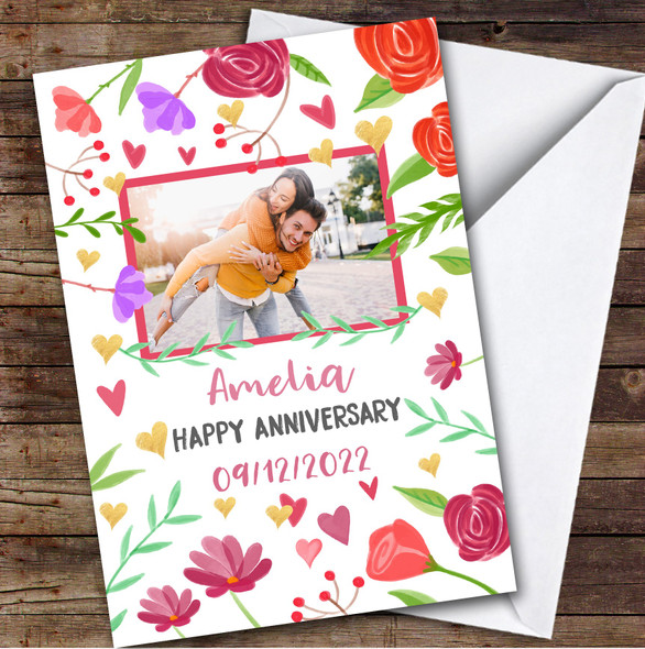 Personalised Bright Floral Romantic Hearts Photo Happy Anniversary Card