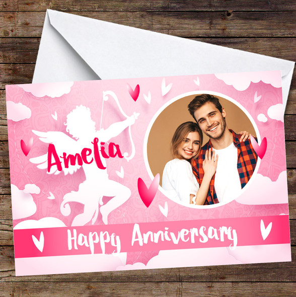 Personalised Cupid Pink Hearts Romantic Photo Happy Anniversary Card