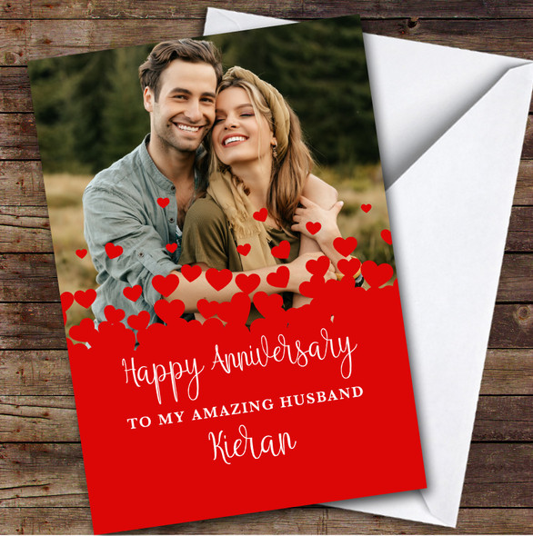 Personalised Red Hearts Romantic Photo Amazing Husband Happy Anniversary Card