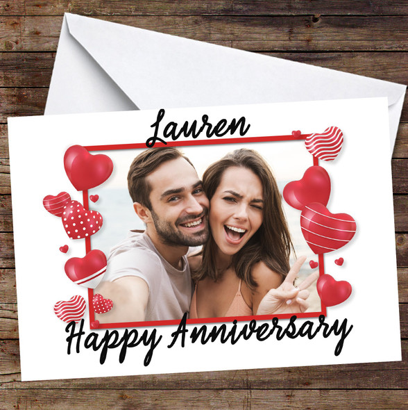 Personalised Red Pattern Balloons Border Romantic Photo Happy Anniversary Card