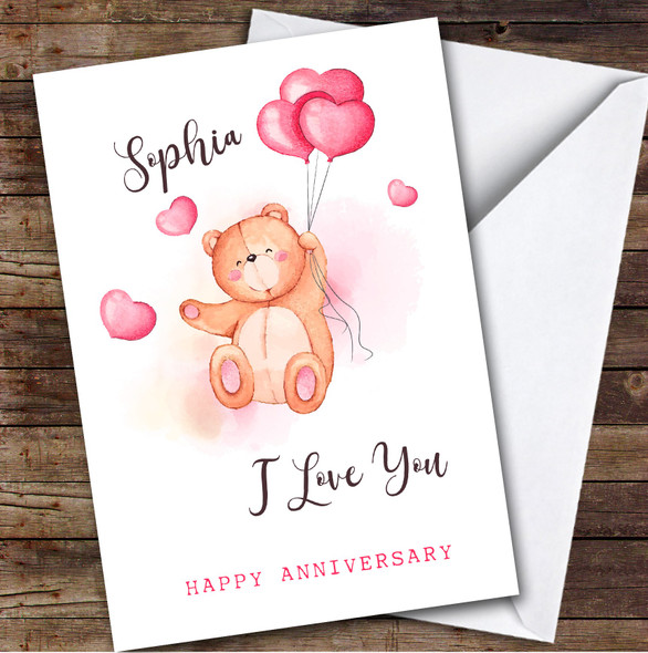 Personalised Watercolour Bear Holding Heart Balloons Happy Anniversary Card