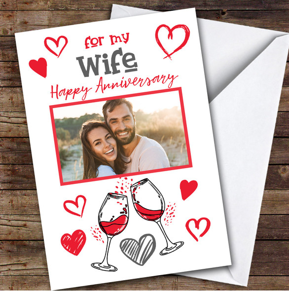 Personalised Wine Glasses Romantic Photo Hearts Doodles Wife Anniversary Card