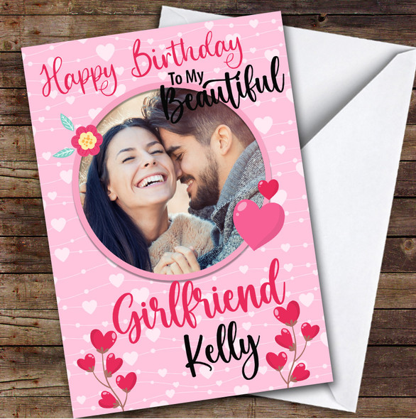 Personalised Pretty Pink Hearts Photo Romantic Happy Birthday Girlfriend Card