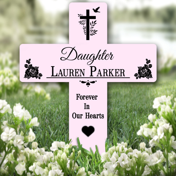Cross Pink Daughter Black Roses Remembrance Grave Garden Plaque Memorial Stake