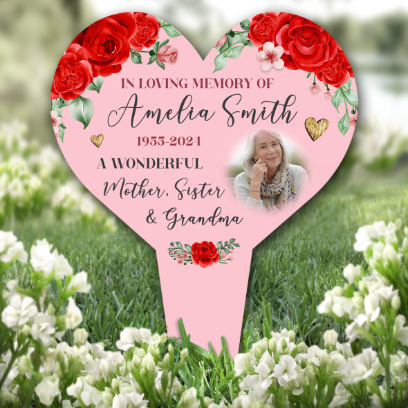 Heart Any Relation Red Roses Pink Photo Remembrance Grave Plaque Memorial Stake