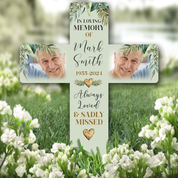 Cross In Loving Memory Leaves Photo Green Grave Garden Plaque Memorial Stake