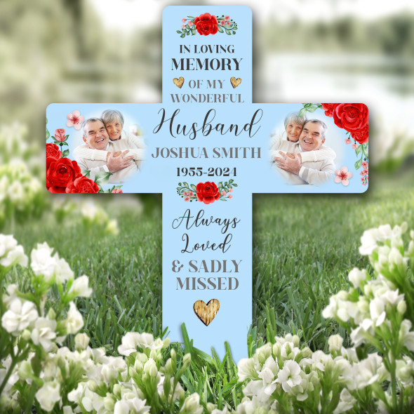 Cross Husband Red Roses Photo Blue Remembrance Grave Plaque Memorial Stake