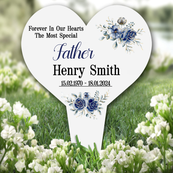 Heart Special Father Blue Floral Remembrance Garden Plaque Grave Memorial Stake