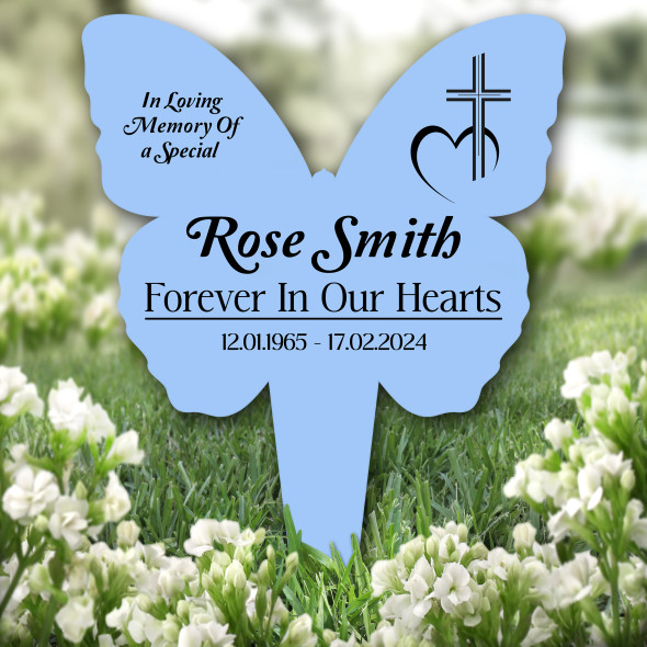 Butterfly Blue Cross With Heart Remembrance Garden Plaque Grave Memorial Stake