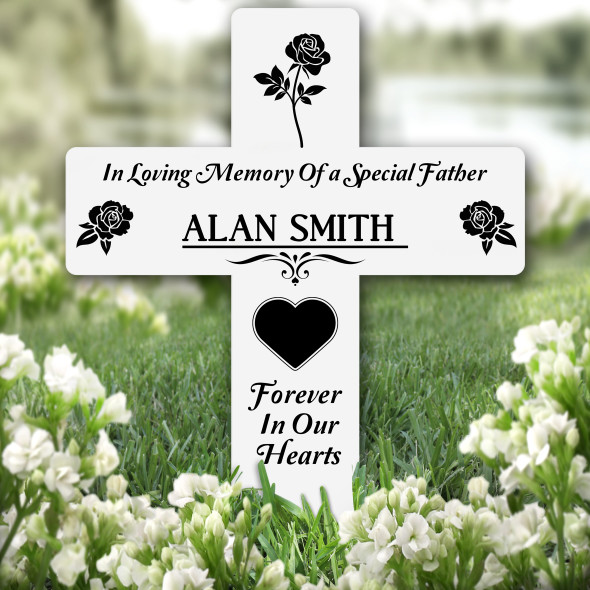 Cross Father Black Rose Remembrance Garden Plaque Grave Marker Memorial Stake