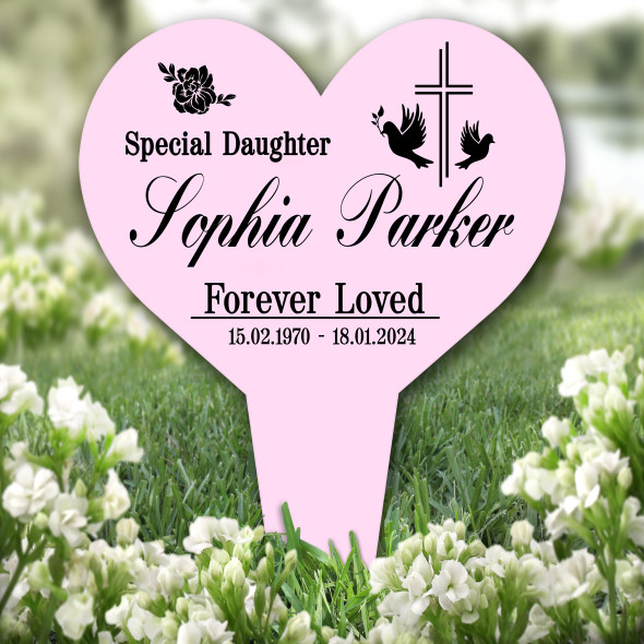 Heart Daughter Cross With Doves Pink Remembrance Grave Plaque Memorial Stake