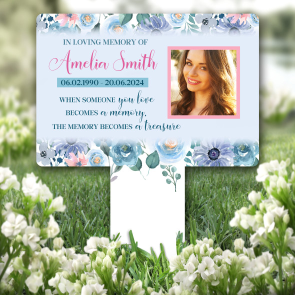 Loving Memory Blue Flowers Photo Remembrance Grave Garden Plaque Memorial Stake
