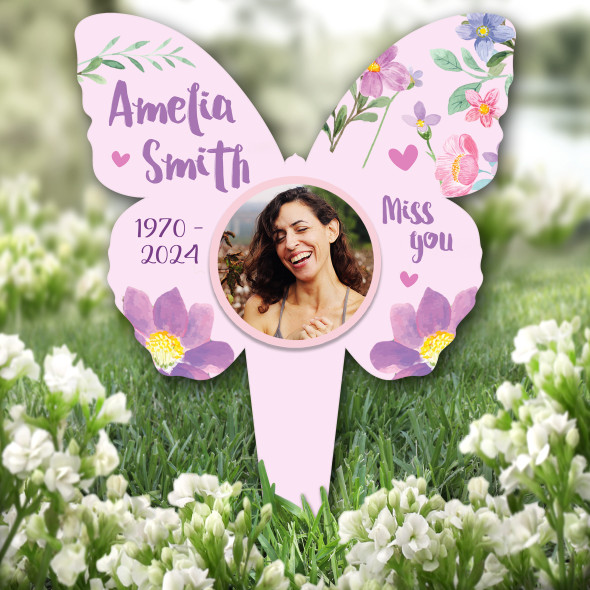 Butterfly Miss You Pink Flower Photo Remembrance Plaque Grave Memorial Stake