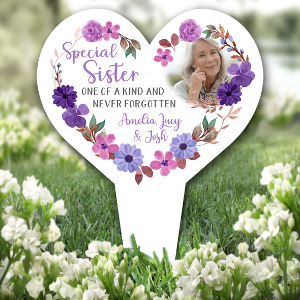 Heart Sister One Of Kind Flower Photo Purple Grave Garden Plaque Memorial Stake