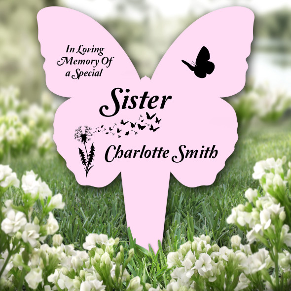 Butterfly Pink Sister Dandelion Remembrance Grave Garden Plaque Memorial Stake