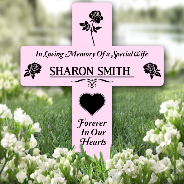 Cross Pink Wife Black Rose Remembrance Garden Plaque Grave Marker Memorial Stake