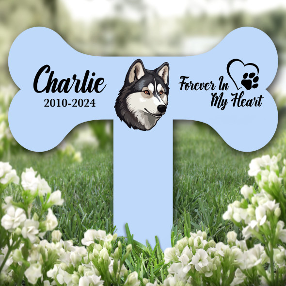 Bone Blue Husky Dog Heart Pet Remembrance Garden Plaque Grave Memorial Stake