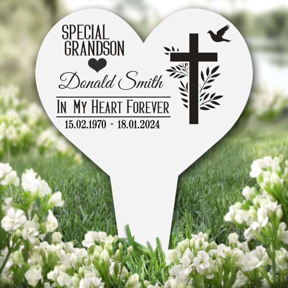 Heart Grandson Leaves Cross Remembrance Garden Plaque Grave Memorial Stake