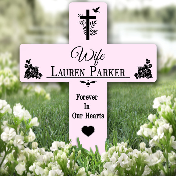 Cross Pink Wife Black Roses Remembrance Grave Garden Plaque Memorial Stake