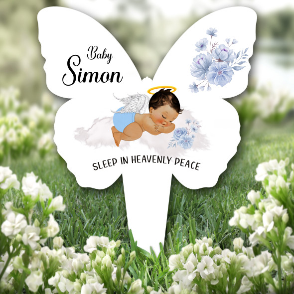 Butterfly Brown Hair Baby Boy Blue Remembrance Plaque Grave Memorial Stake