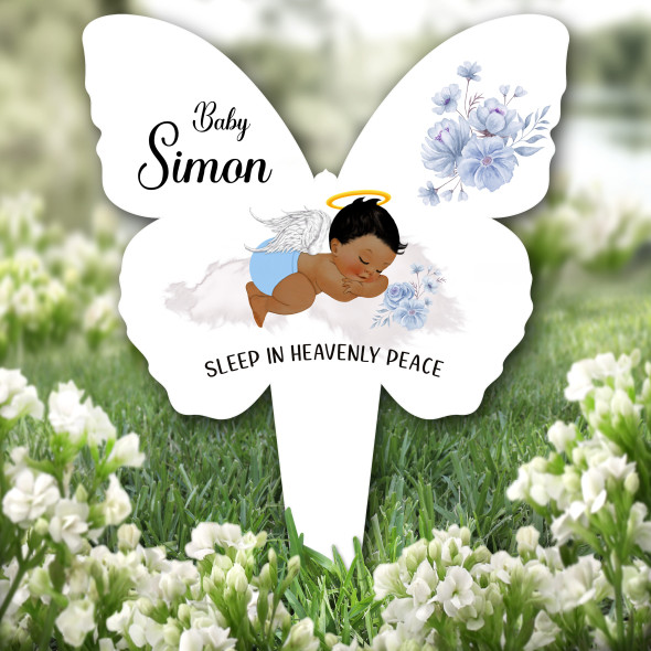 Butterfly Dark Skin Baby Boy Black Hair Blue Grave Garden Plaque Memorial Stake