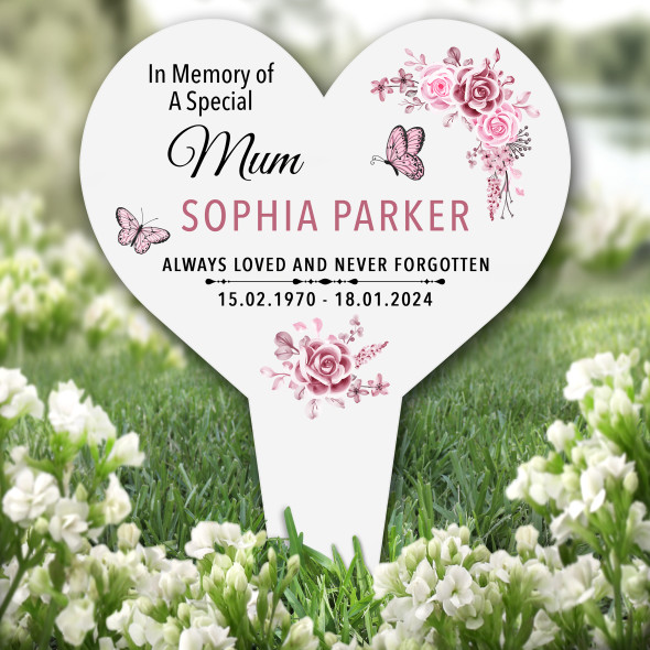 Garden Plaque Heart Mum Butterflies Pink Remembrance Grave Marker Memorial Stake