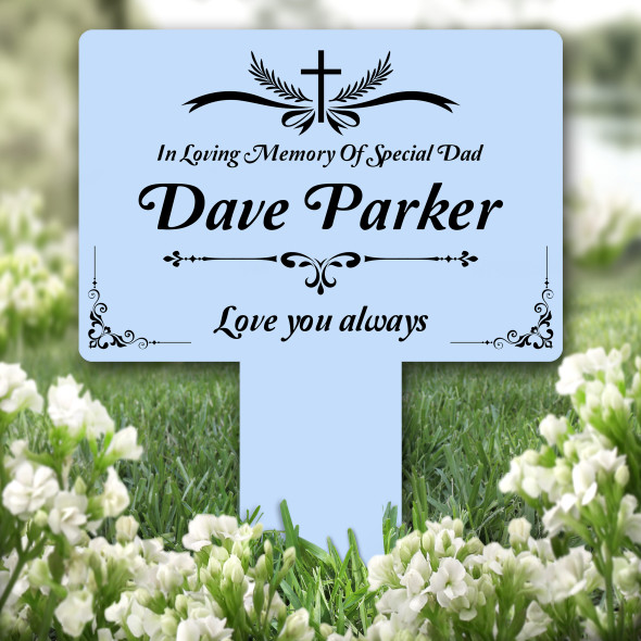 Dad Cross Black Bow Blue Remembrance Garden Plaque Grave Marker Memorial Stake