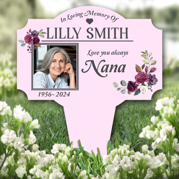 Pink Nana Floral Photo Remembrance Garden Plaque Grave Marker Memorial Stake