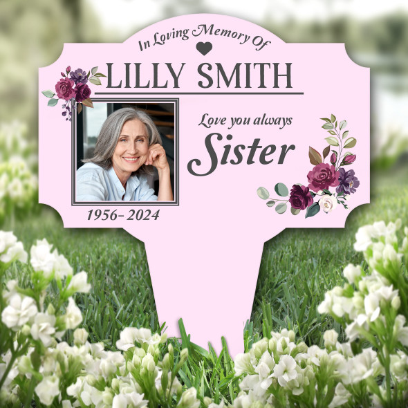 Pink Sister Floral Photo Remembrance Garden Plaque Grave Marker Memorial Stake