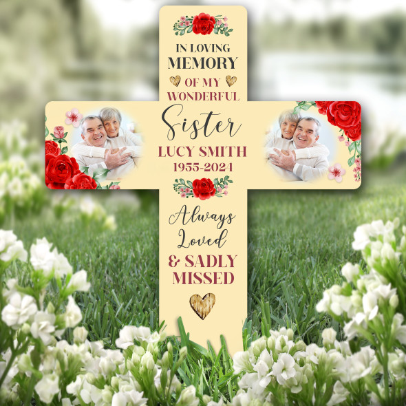 Cross Sister Red Roses Photo Yellow Remembrance Grave Plaque Memorial Stake