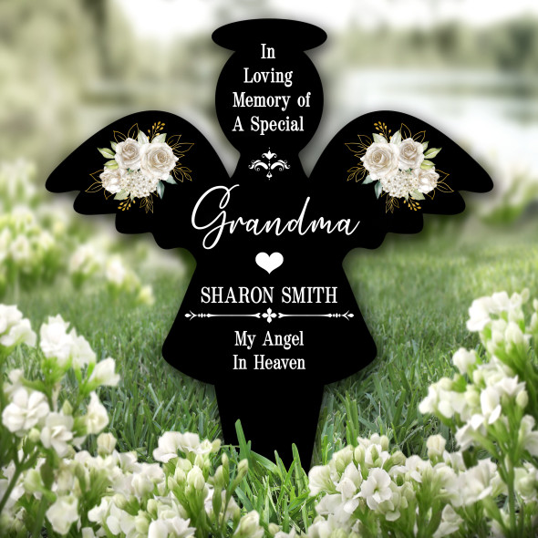 Angel Grandma Black White Floral Remembrance Garden Plaque Grave Memorial Stake
