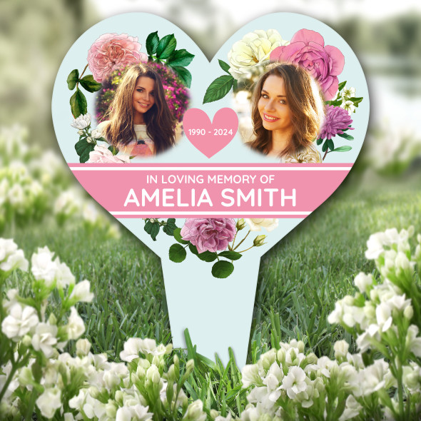 Heart Pink Flower Wreath Photo Remembrance Garden Plaque Grave Memorial Stake