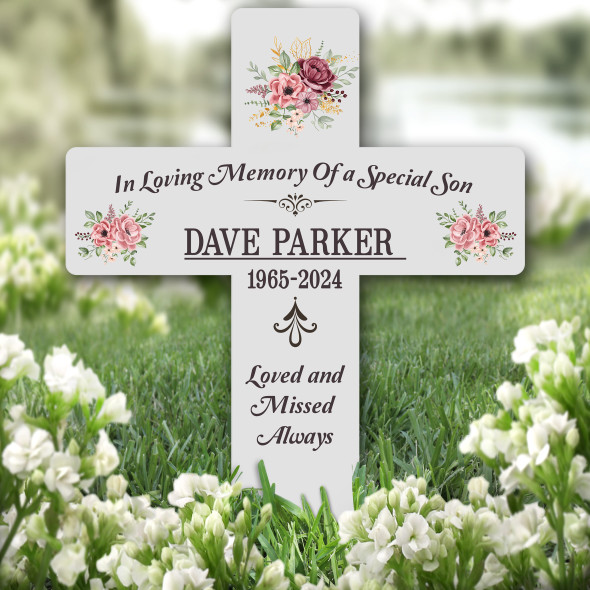 Cross Son Grey Pink Floral Remembrance Garden Plaque Grave Marker Memorial Stake