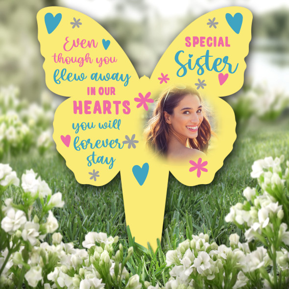Butterfly Sister Photo Yellow Remembrance Garden Plaque Grave Memorial Stake