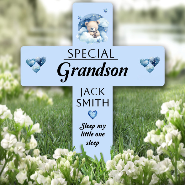 Cross Blue Grandson Teddy Bear Remembrance Garden Plaque Grave Memorial Stake