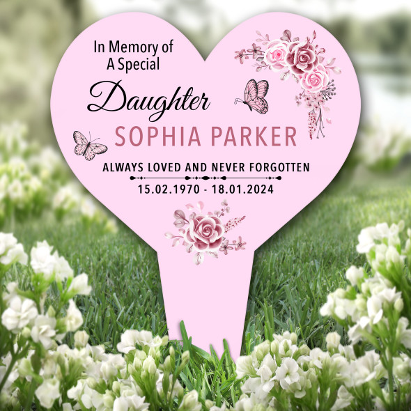 Heart Daughter Butterflies Pink Remembrance Garden Plaque Grave Memorial Stake