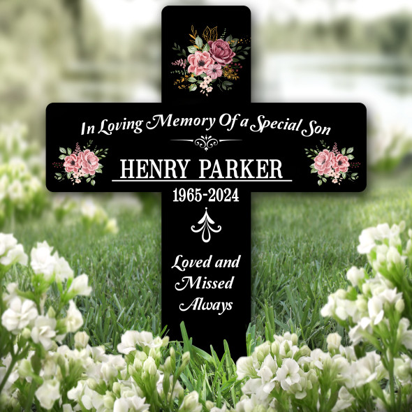 Cross Son Black Pink Floral Remembrance Garden Plaque Grave Memorial Stake