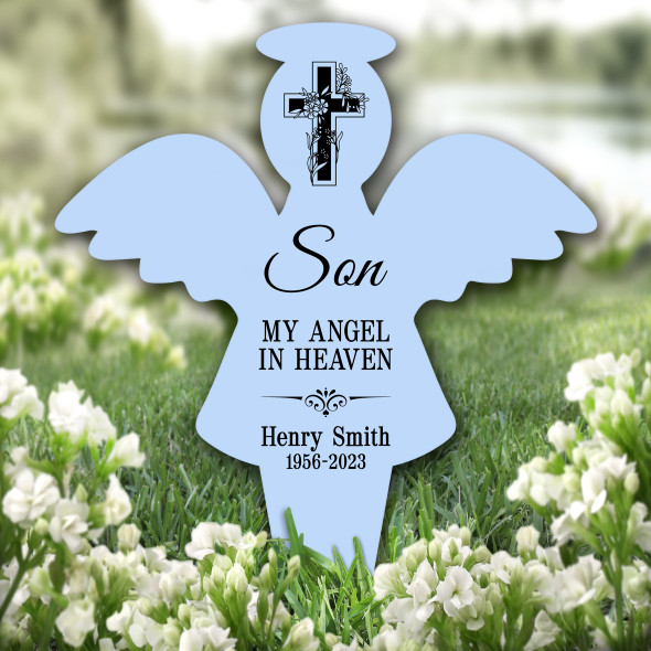 Angel Blue Son Black Cross Remembrance Garden Plaque Grave Marker Memorial Stake